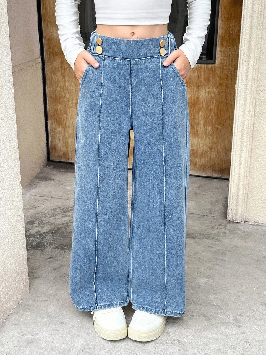 SHEIN 少女款纽扣腰带口袋阔腿宽松休闲牛仔裤 - 淺色水洗藍 - View 1