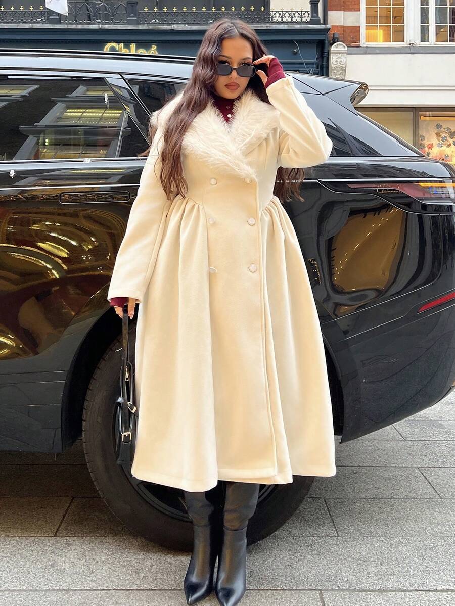 NegzBox 女士仿毛皮领双排扣大衣 - 杏色 - 查看 1