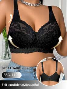 DesireSculpt Plus Size Elegant Solid Color Lace Wireless Bra - Black - View 6