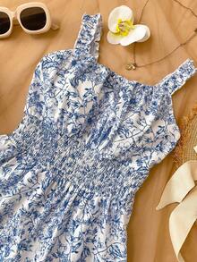 女童碎花连体裤，修身腰部设计，荷叶边下摆，休闲度假装，春夏款 - 淺藍色 - 查看 4