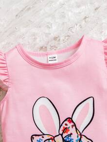 SHEIN 两件套女婴可爱休闲卡通兔子荷叶袖上衣和碎花裤夏季套装，女童服装套装，女婴休闲裤套装，女婴卡通服装 - 粉色 - 查看 6