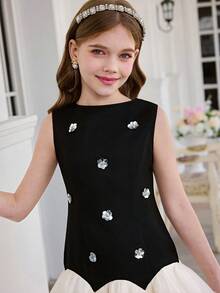 SHEIN Tween Girl Off Shoulder Handmade Rhinestone 3D Flower Elegant Puff Short Dress Tween Girl Pearl Dress Black And White Dress For Tween - Black and White - View 5