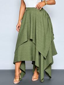 SOLERSUN Women's Elegant High Waist Double-Layer Asymmetric Hem Draped Maxi Skirt - Army Green - View 6