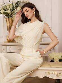 Modelyn Women's Elegant Pleated Drape Slim Fit Design Casual Commuter T-Shirt - Apricot - View 7