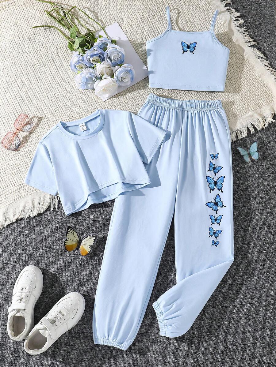 Sparklyn Tween Girl 3 Pieces Set: Butterfly Print Camisole + Round Neck Short Sleeve T-Shirt + Elastic Waist Pants Girls Co Ord Sets 3pcs Sets Teen Girls Sets - Blue - View 1