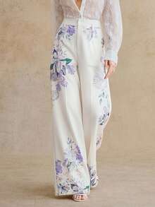 Anewsta Spring New Fashion Commuter Versatile Floral Print Women Pants - Beige - View 1
