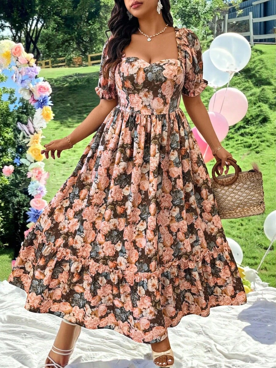 SHEIN Clasi Plus Size Vintage French Floral Rose Print Waisted A-Line Maxi Dress With Puff Sleeves & Ruffle Hem, Summer Easter Wear - Multicolor - View 1