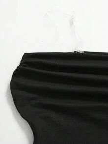 SHEIN Camiseta de punto negra con hombro asimétrico para niñas preadolescentes - Negro - Ver 5