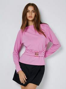 Maija Fitted Crew Neck Long Sleeve Light Pink Women Knit Top, Suitable For Early Spring Transition, Fitted & Slimming Women T-Shirt, Pink Top , Summer Holiday Outfits, Summer Tops , Spring Break Outfits , Bat Sleeve Design - Baby Pink - View 8