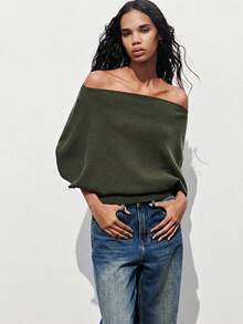 Maija Women's Solid Color Batwing Sleeve Loose Casual Knit Top, Summer Outfits, Summer Clothes , Summer Modern City Outfits, Summer Tops, Valentine Outfits For Women , Carnival Costume, Beach Outfits For Women, Birthday, Going Out Top, Going Out Tops, Elegant Women's Blouses, Modern City, Vacation Outfits For Women, Grey Top, Asymmetrical Design, With Belt - Army Green - View 2