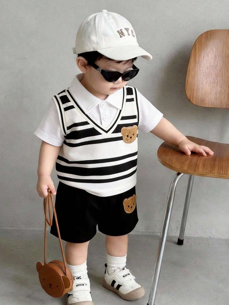2pcs/Set Infant Toddler Baby Boy Striped Knit Vest & White Short Sleeve Polo Shirt With Bear Patch, And Bear Patch Black Shorts, Casual College Style Short Sleeve Shorts Set, Suitable For Daily Wear, Spring/Summer, 6M-3T Black And White Baby Boy Outfit Baby Boy Summer Sets Bear Patch Outfit Baby Boy Casual Outfit - Apricot - View 1