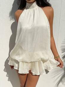 Aloruh 女士优雅浅黄色吊带系带迷你连衣裙 - 杏色 - 查看 7