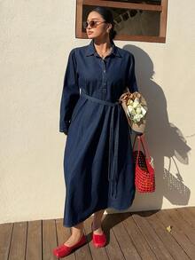 Dazy Plus Fashionable Casual Loose Retro Denim Dress, Turndown Collar Half-Open Front A-Line Slimming Long Denim Dress, Spring/Autumn - Dark Wash - View 6