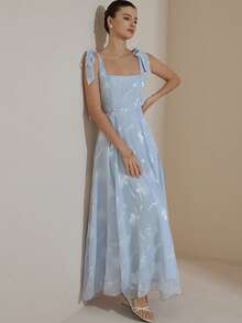 Aveloria Modichic French Design Luxurious High-End Jacquard Camisole Strap Tie Waist Flared Hem Sleeveless Dress - Blue - View 7