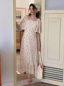 DAZY 少女方领碎花短袖休闲夏季连衣裙 - 杏色 - 查看 8