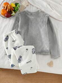 少女睡衣套装 - 圆领长袖上衣搭配印花家居裤，灰色小熊图案，保暖舒适，适合2026秋冬新年穿着，百搭舒适，温暖可爱。 - 彩色 - 查看 2