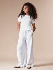 SUMWON Pantalones palazzo de pierna ancha con rayas verticales texturizadas para niñas preadolescentes, de talle alto, de verano, casuales, sueltos, con cordón en la cintura, para vacaciones - Celeste - Ver 5