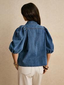 Poéselle Women's Short Puff Sleeve Single-Breasted Casual Denim Blouse - Medium Wash - View 2
