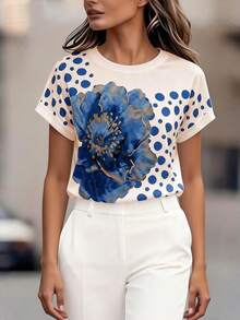 Balvessa Fashionable Casual Printed Knit Short Sleeve Summer Top, Versatile T-Shirt - Blue - View 5