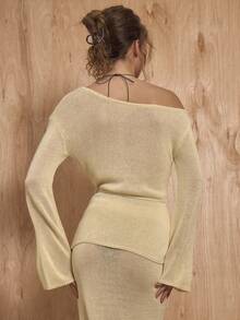 MUSERA Off The Shoulder Tie Waist Longline Lightweight Knit Jumper Winter NewYear Cute Sexy Going Out Evening Party Accented Valentines Day - Apricot - View 4