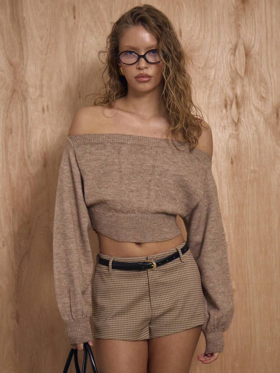 MUSERA Halterneck Front Tie Detail Slouchy Off The Shoulder Balloon Sleeve Knit Jumper Winter NewYear Cute Sexy Going Out Evening Party Accented Valentines Day - Khaki - View 1