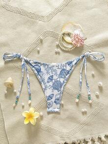 Swim Vcay 女士沙滩度假纹理海洋生物贝壳印花系带性感泳裤 - 藍白色 - 查看 3