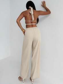 Aloruh Conjunto de 2 piezas elegante y ajustado para mujer, atuendo minimalista para el viaje diario - Albaricoque - Ver 3