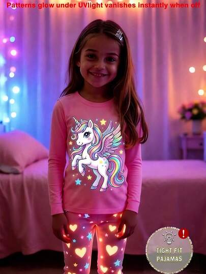 1 Set Young Girls Glow-In-The-Dark Unicorn Print Knit Long Sleeve Top And Heart Star Print Leggings Pajama Set, Soft & Comfortable, Autumn Snug Fit Unicorn Clothes For Girls