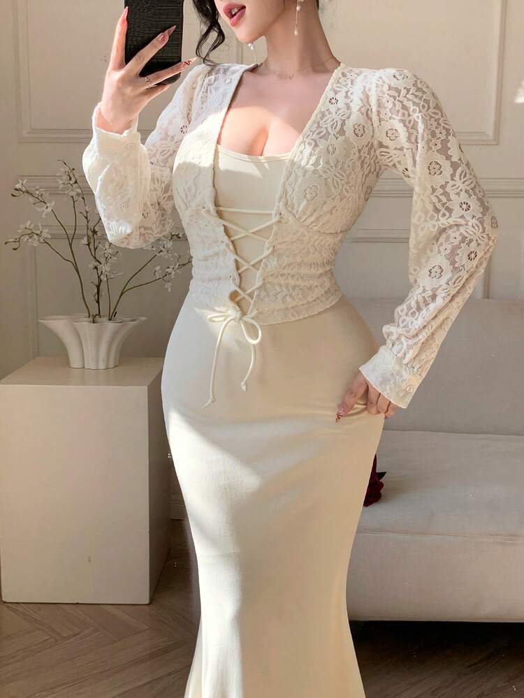 Spring & Summer Hollow Out Cropped Top, Lace Blouse, Camisole Dress, Mermaid Dress, 2-Piece Set, Elegant For Valentine's Day, Wedding, Party, Formal Occasion, Fashionable, Slim Fit, Commuting