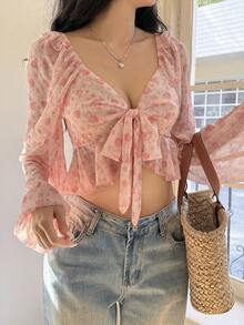 DAZY 女士印花系带灯笼袖短款时尚衬衫 - 粉色 - 查看 8