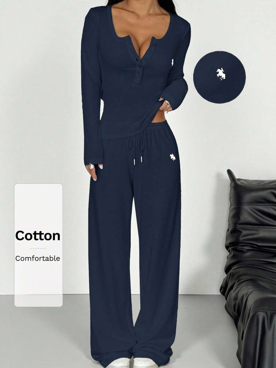 SHEIN EZwear 海军蓝针织女式休闲马术印花纽扣长袖 T 恤和裤子套装，适合日常穿着 - 藏蓝色 - 查看 1
