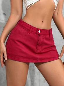 SHEIN Tall Women's Casual Versatile Denim Skorts With Waist Button Design - Red - View 4