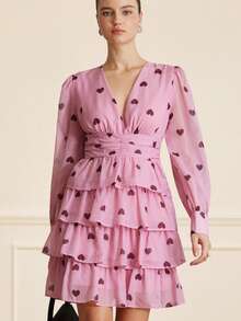 Aveloria Rosie Đầm dài tay bằng chiffon màu hồng in họa tiết trái tim ngẫu nhiên, cổ chữ V nhún bèo, viền xếp lớp, kiểu dáng thời trang Thu/Đông, đa năng, thích hợp cho ngày Valentine. - Nhiều màu - Xem 6