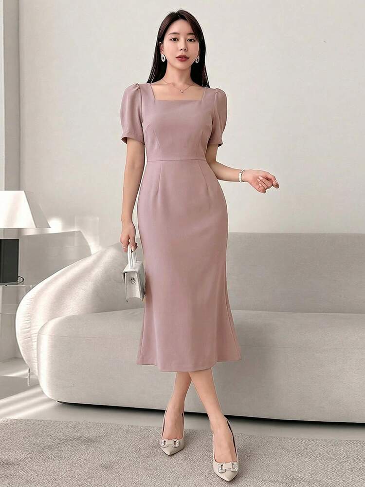 Women's Elegant Solid Color Square Neck Puff Sleeve Fishtail Midi Dress, Summer Wedding Guest Dress Sundress