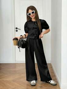 SHEIN Nova Glow 少女休闲时尚圆领泡泡袖上衣和裤子套装