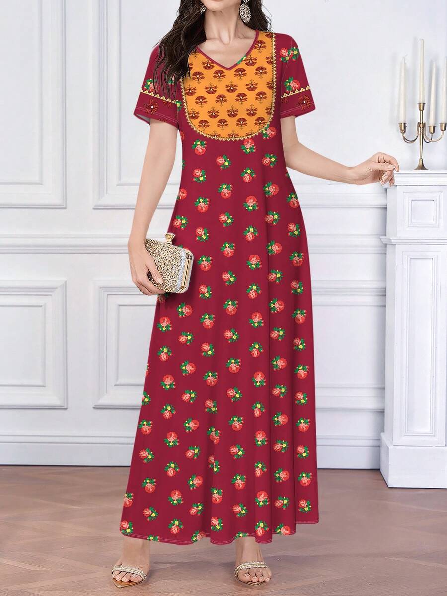 SHEIN Najma 女士花卉扇形植物印花撞色V领短袖优雅连衣裙,春夏款,图案女装,女士端庄长裙,70年代风格连衣裙,Najma连衣裙 - 彩色 - 查看 1