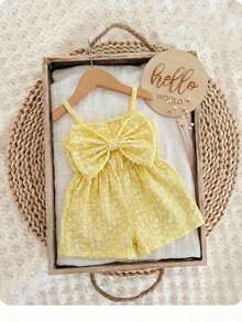 一件式可爱女宝宝休闲简约夏季蓝白条纹蝴蝶结背带连体短裤，返校季，时尚街头风，母女装 - 黃色 - 查看 2