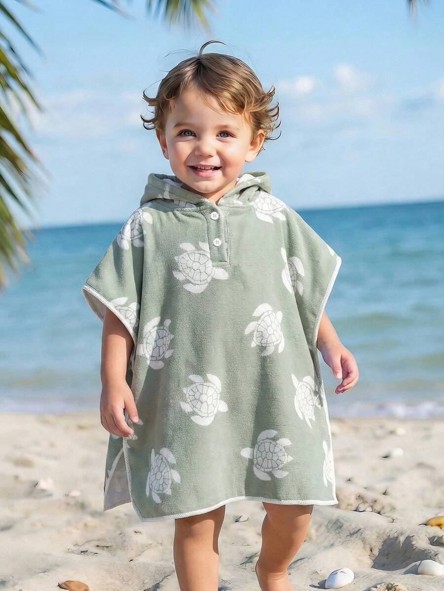 幼儿男童浅绿色卡通海龟印花连帽泳衣罩衫,婴幼儿尺码,V领连帽斗篷,婴幼儿可穿戴浴巾,沙滩罩衫,沐浴游泳必备单品 - 綠色 - 查看 1