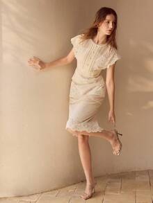 MOTF CONTRAST LACE SHEER DRESS - Beige - View 6