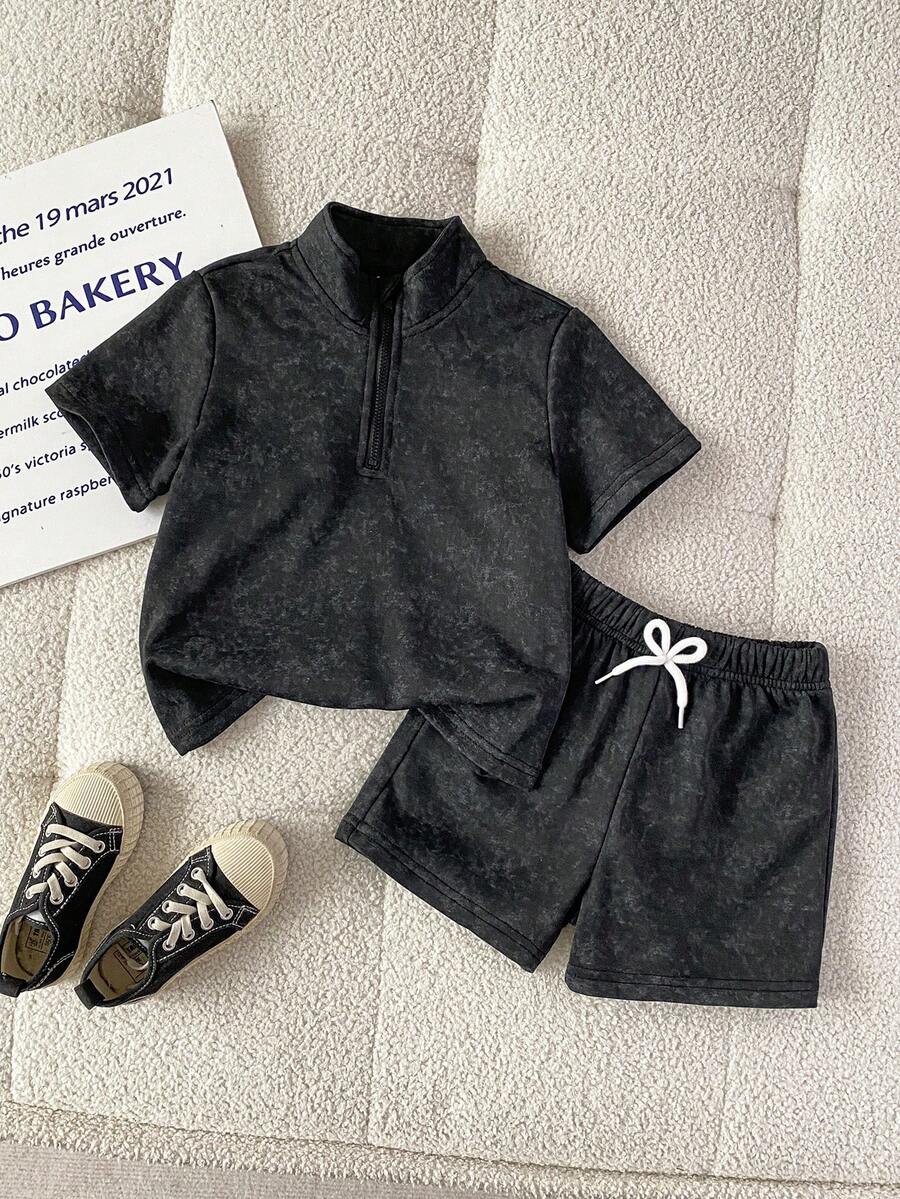 SHEIN Genkimix Kids 2pcs/Set Young Boy's Fashionable Street Style Summer Black Stand Collar Half Zip Sweatshirt,Snow Flake Effect+Elastic Waist Drawstring Shorts,4Y-7Y - Black - View 1