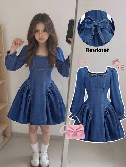 SHEIN Tween Girls' Fashion Cute BowKnot Decor Puff Long Sleeves Dark Blue Denim Dress Fall Winter,For Girls Fall/Winter Dailywear Costume,Girls Streetwear Outfits,Halloween Outfits,Christmas Outfits,Party Outfits,Winter Clothes,Teen Dress,Blue Jean Dress,Puff Sleeve Dress,Dark Blue Dress,Long Sleeve Dress