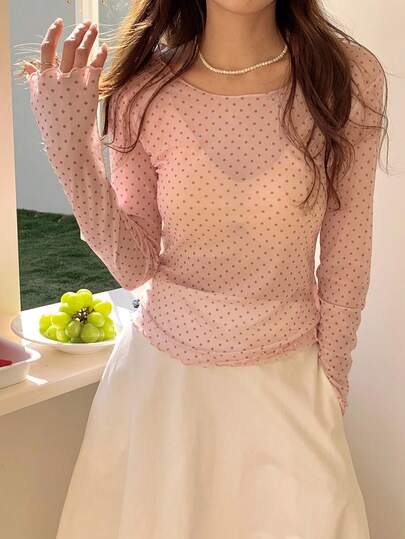 DAZY Women's Polka Dot Sheer Long Sleeve Crew Neck Undershirt, Spring/Summer