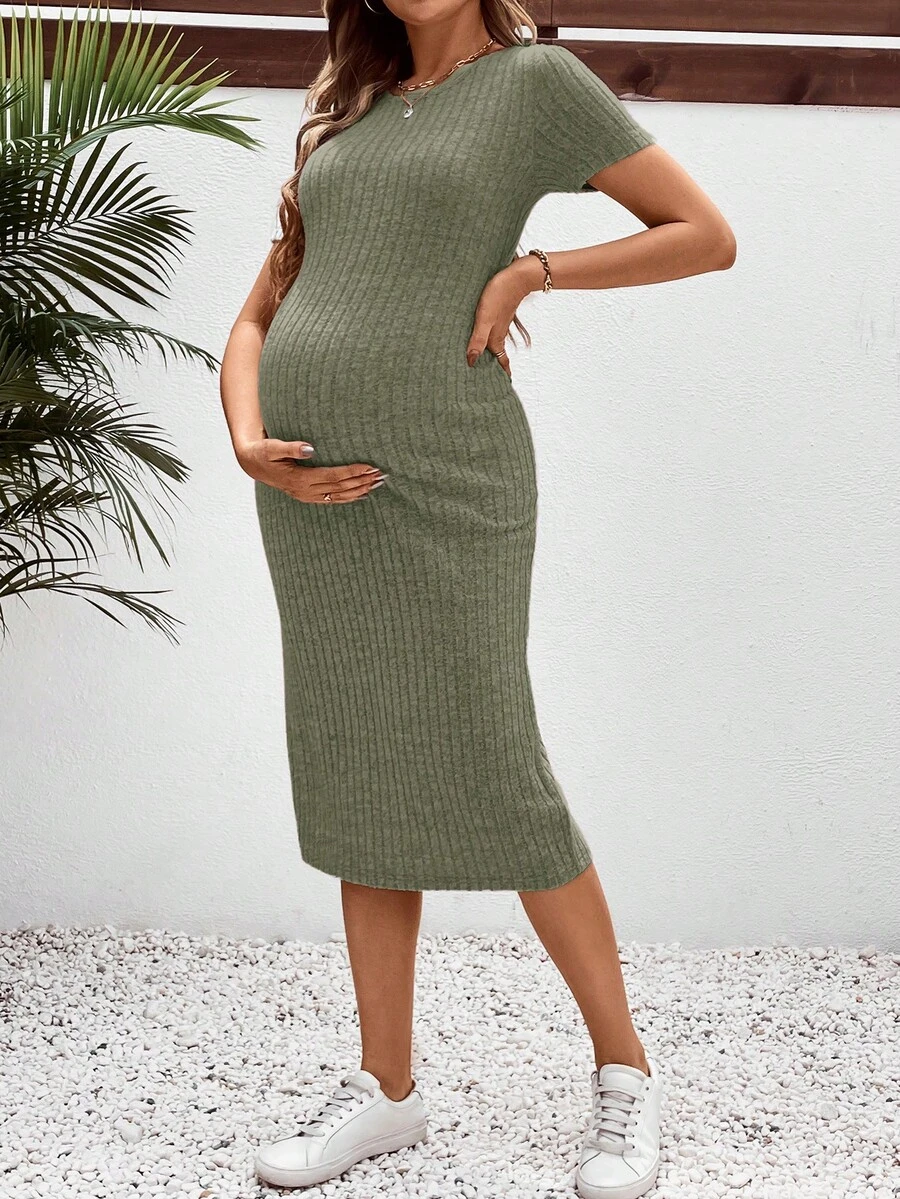 SHEIN Đầm bầu dáng suông, cổ tròn, ôm sát, dài đến đầu gối, thích hợp mặc thường ngày. - xanh quân đội - Xem 1
