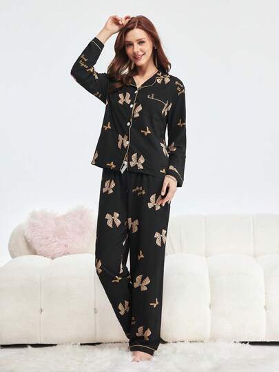 2 件女士蝴蝶印花睡衣套装，长袖纽扣领上衣和长裤，休闲睡衣家居服，适合秋冬，秋季服装