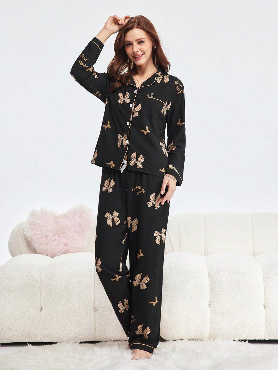 2 件女士蝴蝶印花睡衣套装，长袖纽扣领上衣和长裤，休闲睡衣家居服，适合秋冬，秋季服装 - 黑色 - 查看 1