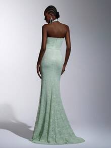 Elitara Elegant Mint Green Lace Halter Mermaid Tail Formal Evening Gown - Mint Green - View 3