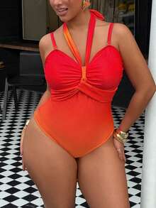 Swim Vcay Plus Size One-Piece Ombre Placement Print Halter Swimsuit, Suitable For Summer Beach Vacation - Multicolor - View 5