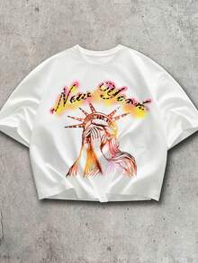 AXEPEAK Men's Crew Neck Drop Shoulder Short Sleeve Creative New York Print Summer Versatile T-Shirt - White - View 2