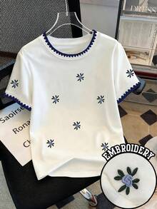 Resyla Women's Round Neck Printed Embroidered T-Shirt - Round Neck Casual Top - Lightweight T-Shirt Suitable For All Seasons - White - View 1