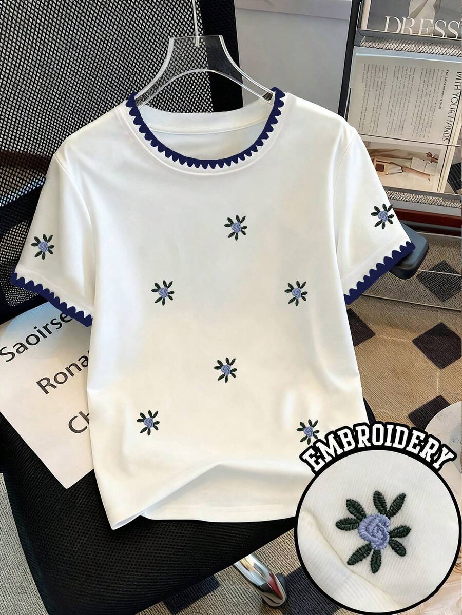 Resyla Women's Round Neck Printed Embroidered T-Shirt - Round Neck Casual Top - Lightweight T-Shirt Suitable For All Seasons - White - View 1